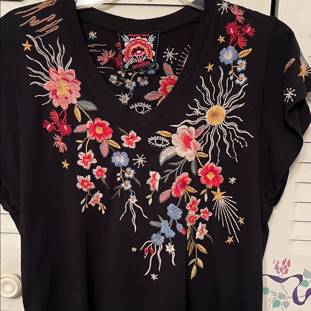 Johnny Was Black V-Neck Lissa Short Sleeve Top with Multicolor Floral Embroidery - Picture 7 of 9
